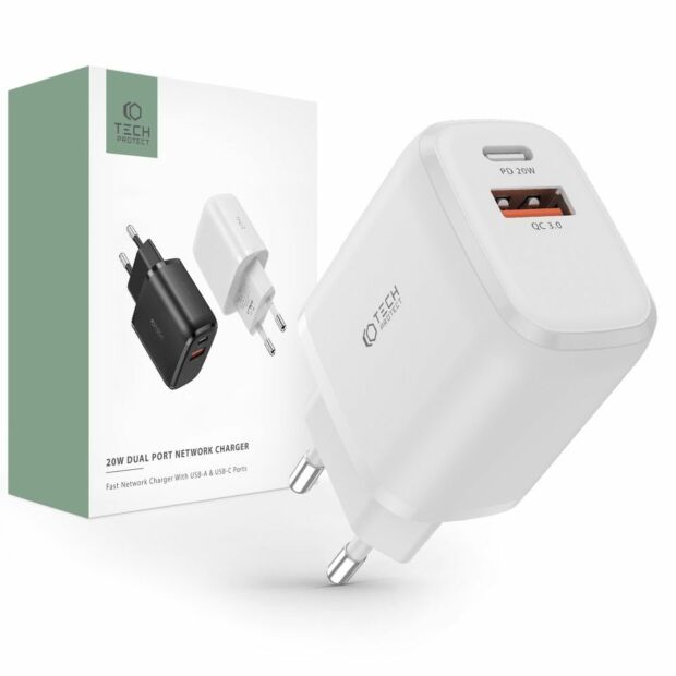 Мережевий зарядний пристрій-адаптер Tech-Protect C20W 2-port PD20W/QC3.0 White (9589046924293)