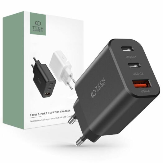 Сетевое зарядное устройство-адаптер Tech-Protect NC30W 3-port Network Charger PD30W/QC3.0 Black (9490713935231) 9490713935231-arm
